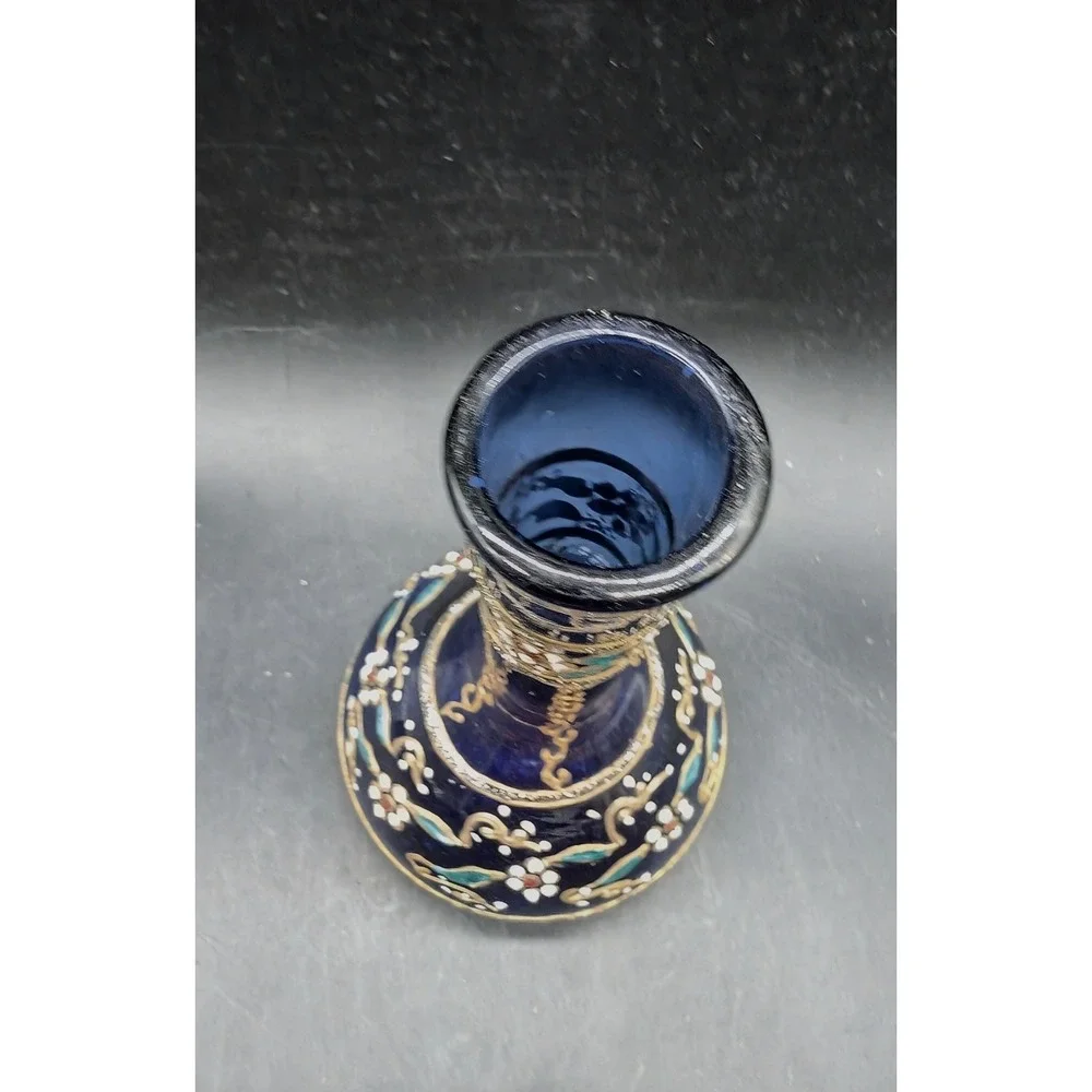 Vintage Cobalt Blue Glass Vase Hand Painted Enamel Floral Gilt Scrollwork Ornate